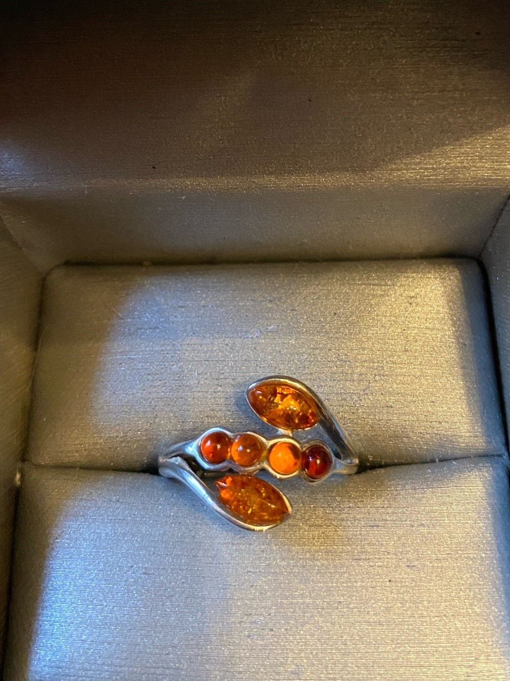 Sterling Silver Amber Leaf Ring - Orange Amber Gemstones